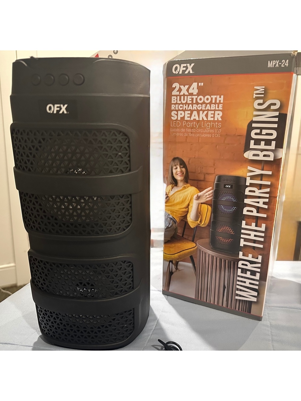 QFX MPX-24 Bluetooth Rechargeable Party Speaker LED Lights Radio USB New Open Bx